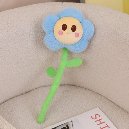 Cute flower stuffed animals all six colors displayed together
