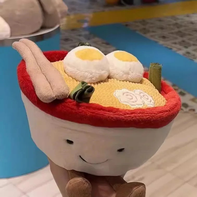 Cute food plushie ramen noodle stuffed animal on white background