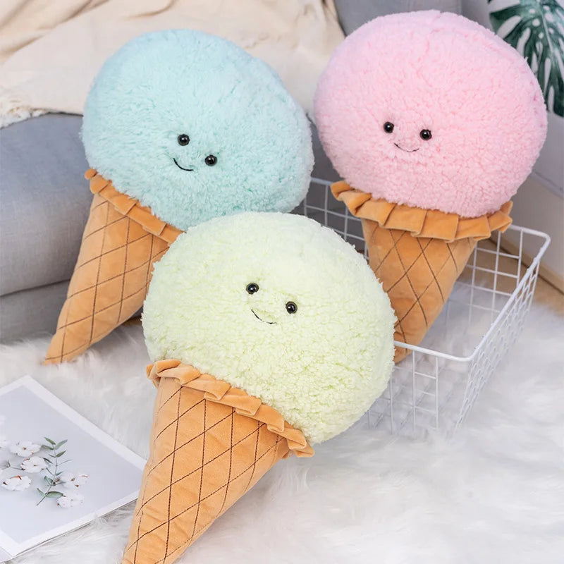 Cute ice cream plush toy in vanilla cream color on a bed for room decor