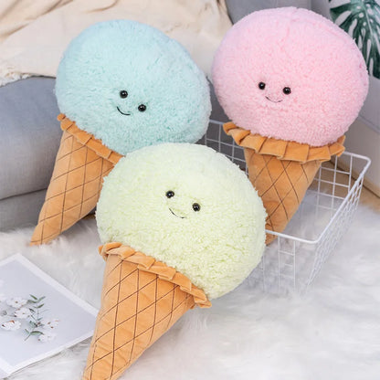 Cute ice cream plush toy in vanilla cream color on a bed for room decor