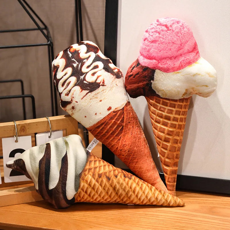 Cute ice cream plush toy standing upright with waffle cone detail