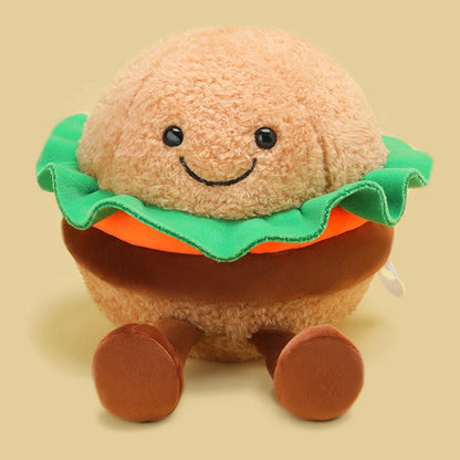 Cute kawaii plushies burger donut toast egg tart flat lay on pastel background