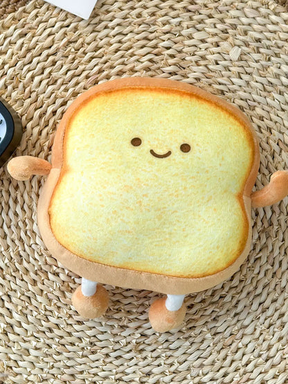 Cute kawaii toast plush closeup showing cheerful smiley face expression