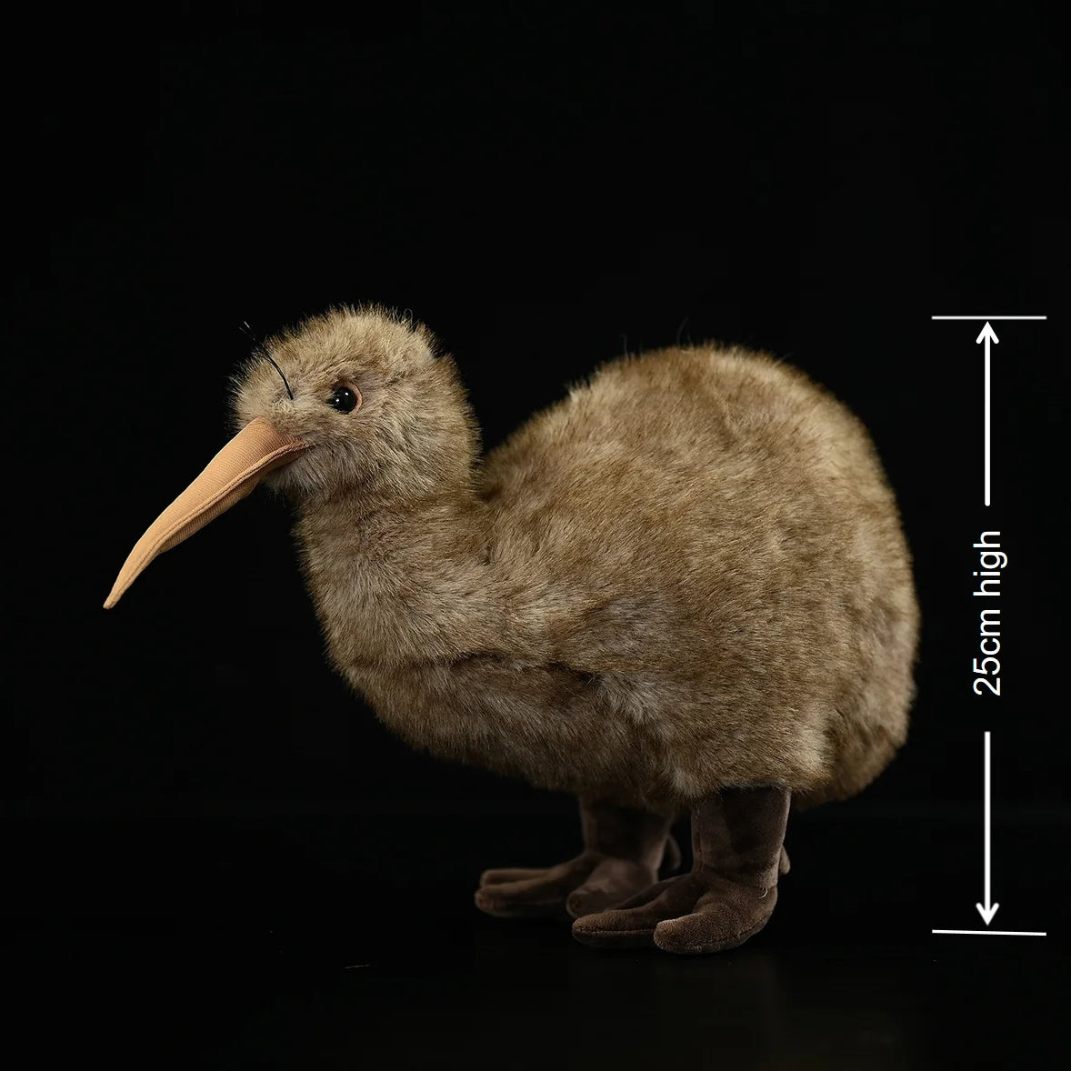 Cute kiwi bird plush collectible on wooden shelf display