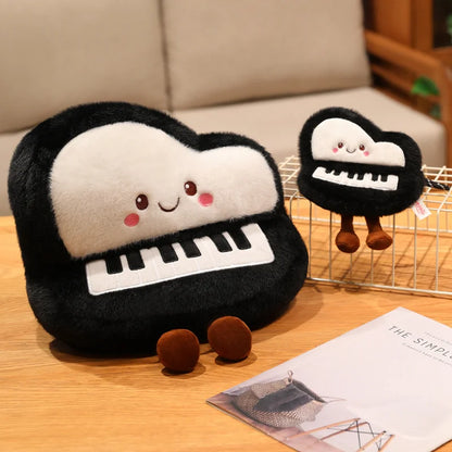 Cute music plushie piano throw pillow propped against white pillows on a minimalist bedroom shelf
