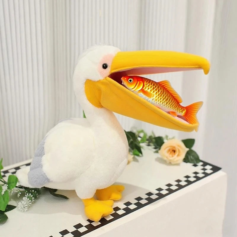 Cute pelican stuffed animal displayed as room decor on a desk shelf