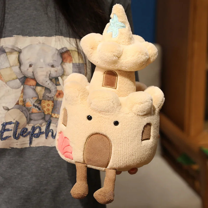 Cute plush toy castle design with dangling legs detail close up