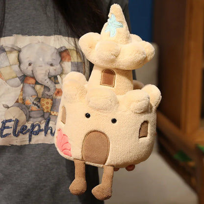 Cute plush toy castle design with dangling legs detail close up