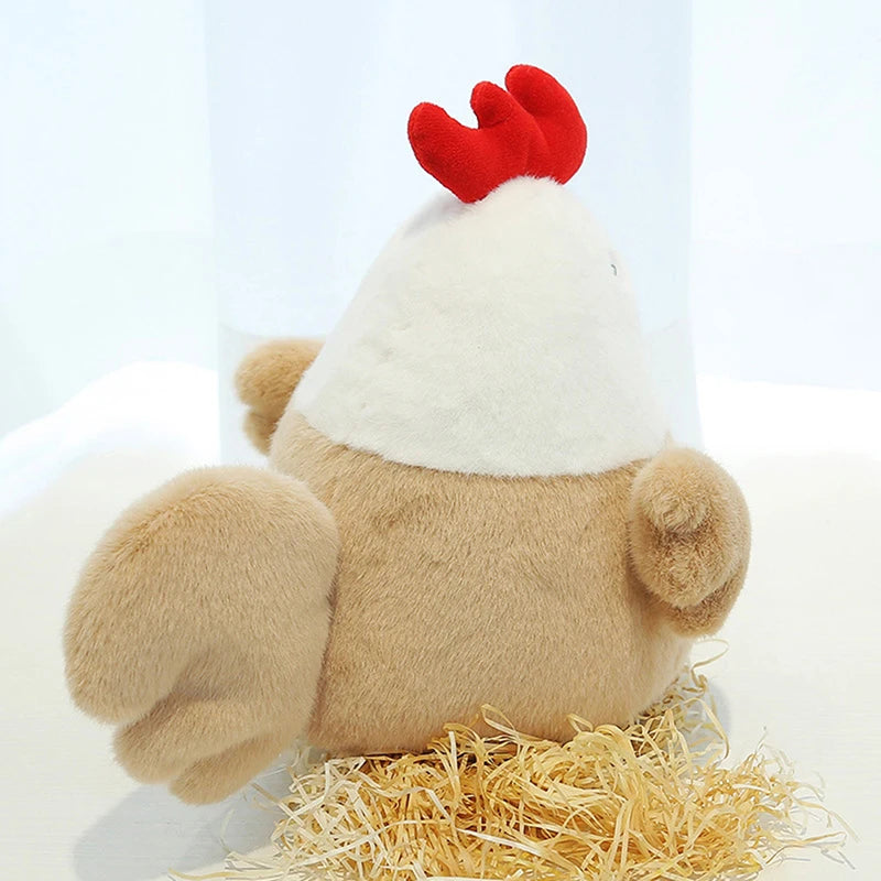Cute rooster plush displayed on bedroom shelf as room decor accent