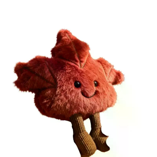 Cute smiling maple leaf plushie 22cm handmade autumn plush collectible on white background