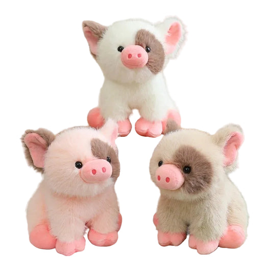 Cute spotted piglet plush toy in pink and white with dark spot markings, 20cm kawaii pig stuffed animal