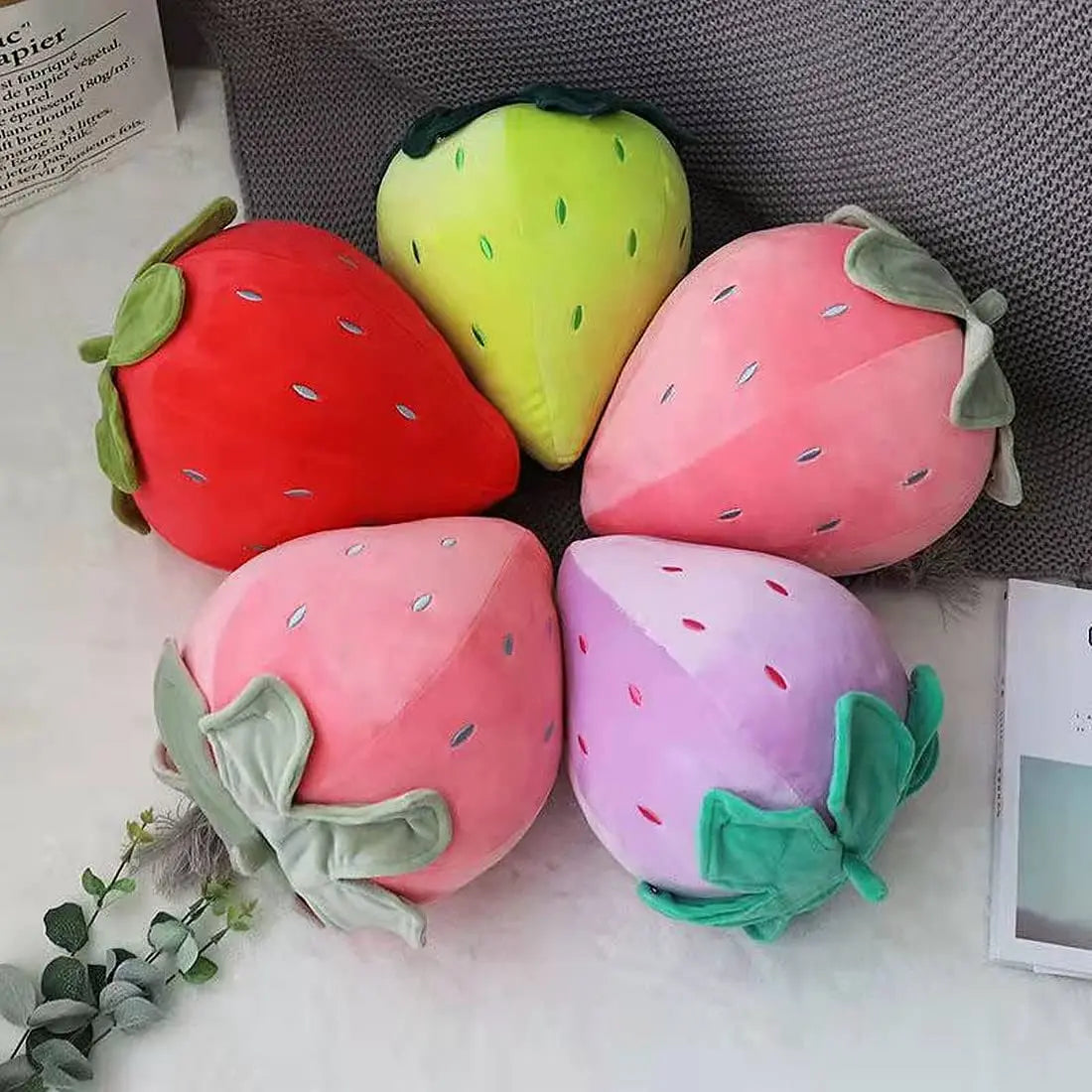 Cute strawberry plushie cushion decoration for bedroom shelf
