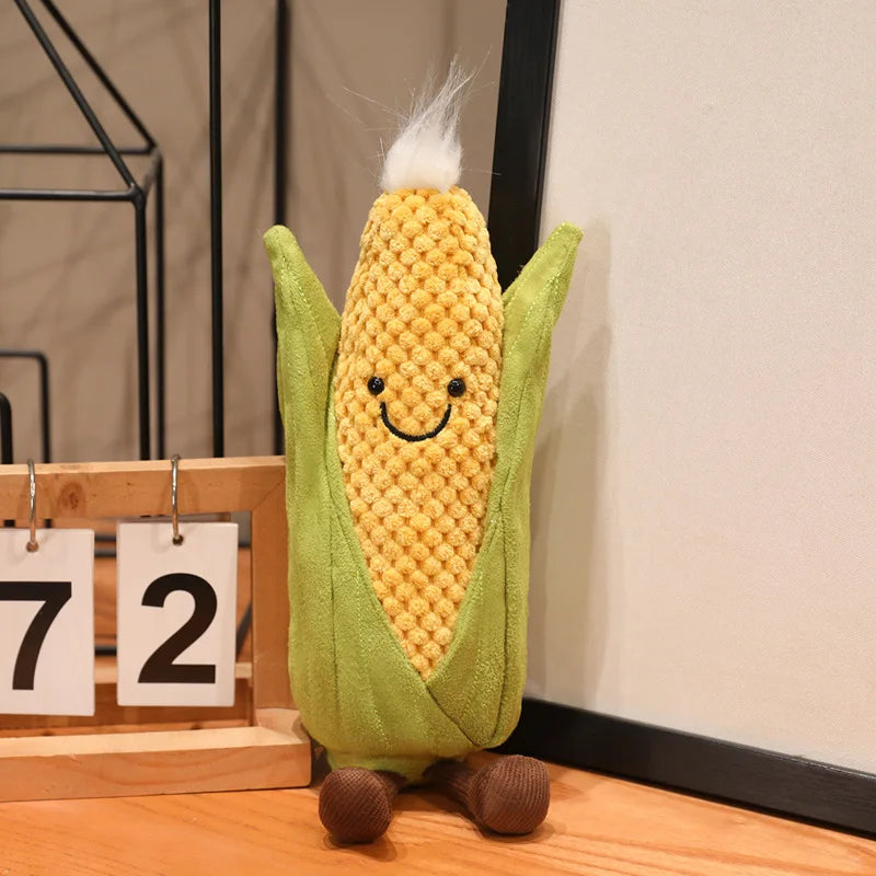 Cute vegetable plush toys displayed on shelf room decor