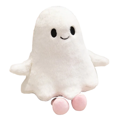 Cute white little ghost plush with pastel pink feet displayed on a shelf
