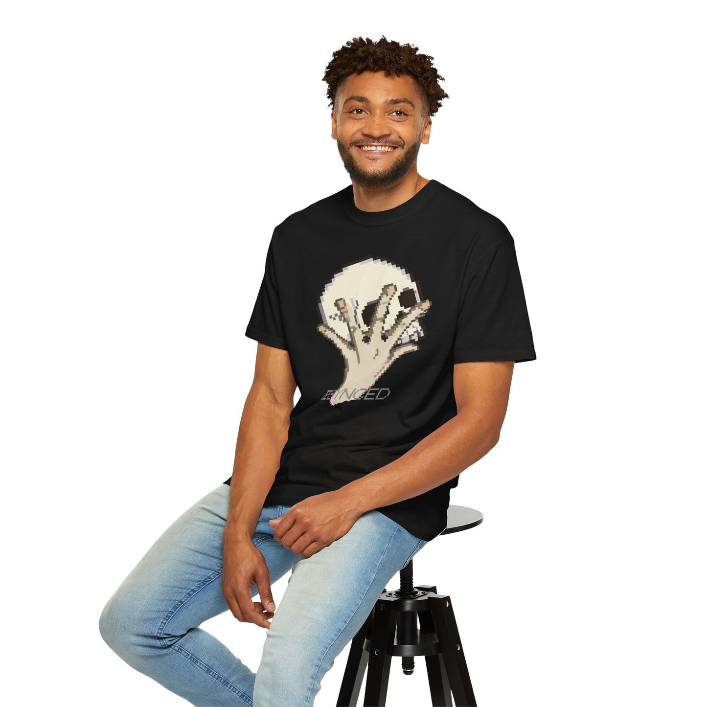 Cyberpunk graphic tee pixel hand design side angle streetwear look
