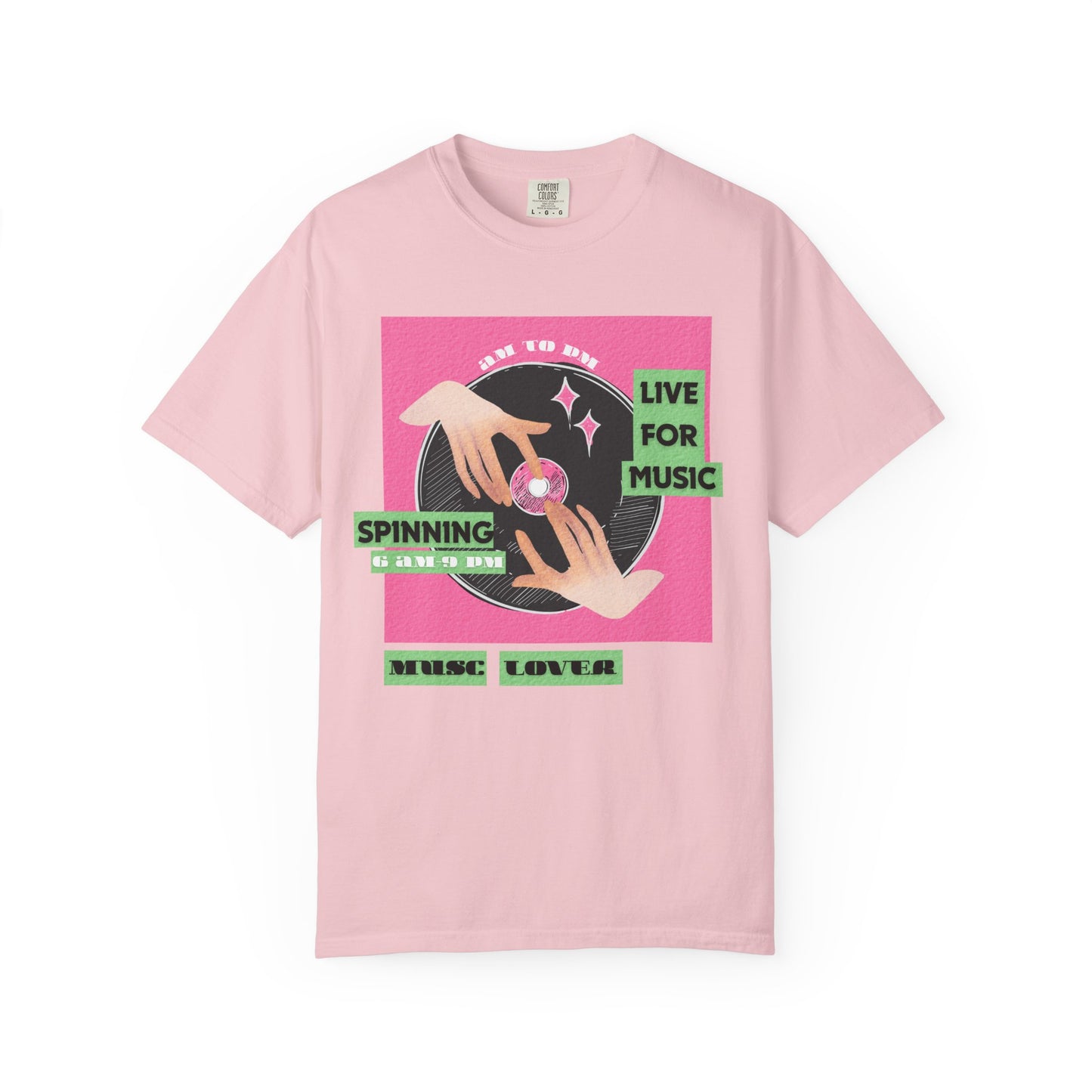 DJ culture graphic tee close-up of spinning vinyl print