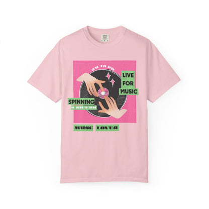 DJ culture graphic tee close-up of spinning vinyl print