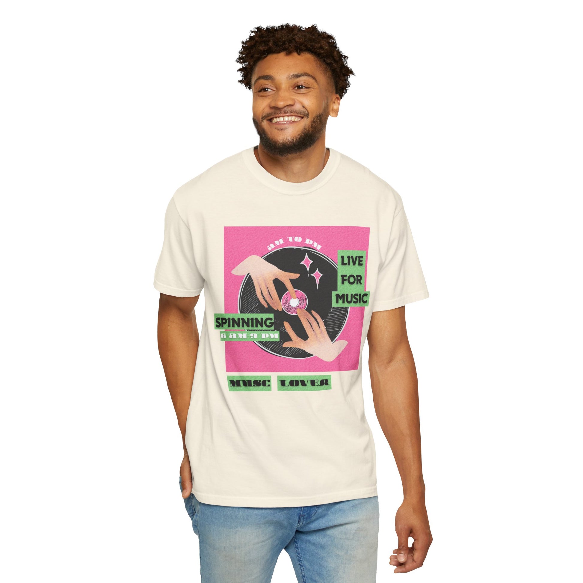 DJ vinyl graphic T-shirt flat lay on wooden surface