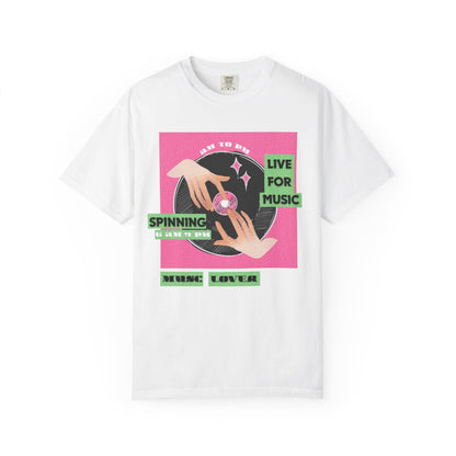 DJ vinyl graphic T-shirt with record spinning design in black