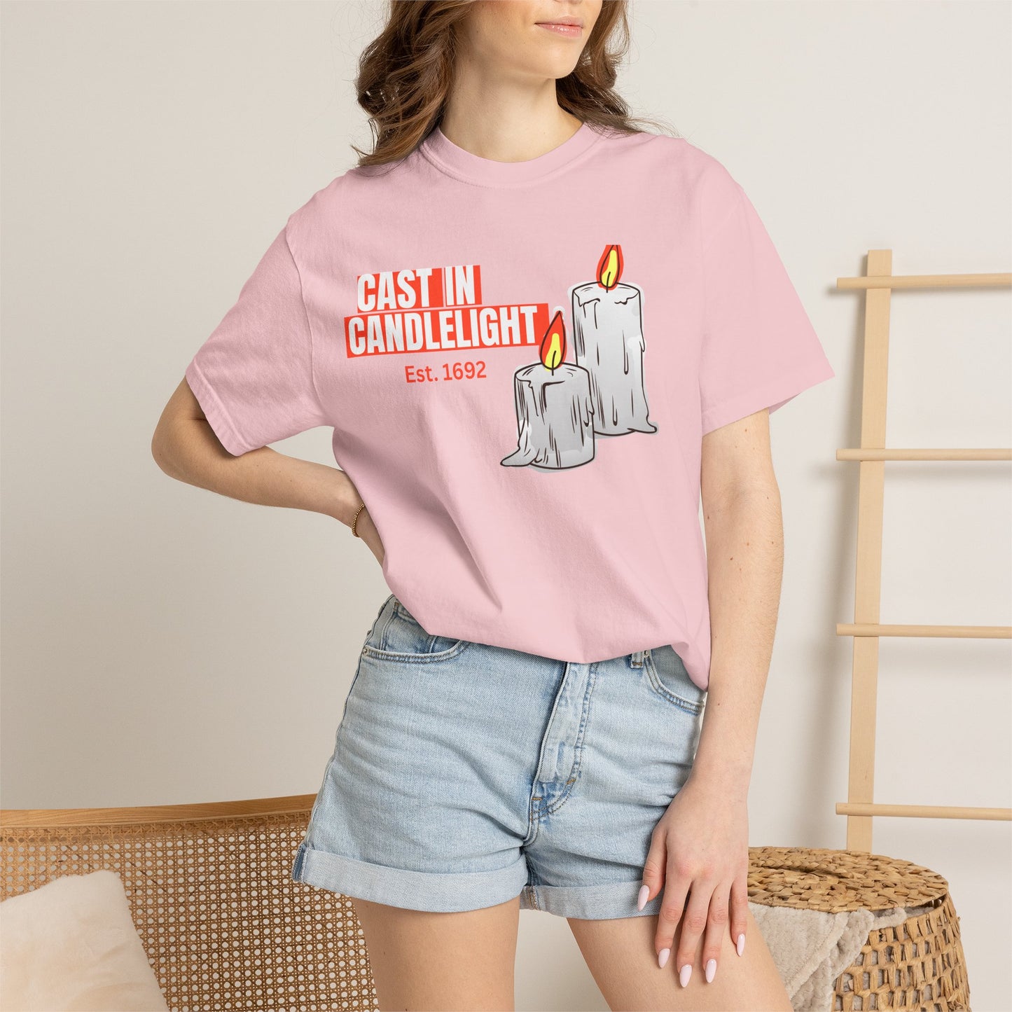 Dark academia candle unisex tee styled with oversized cardigan and worn leather journal