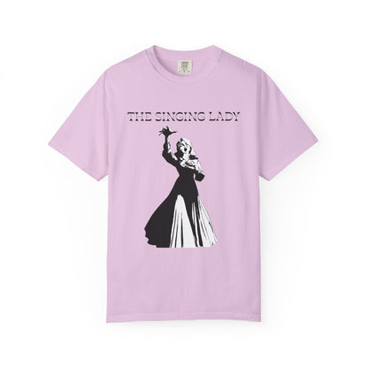 Dark academia shirt with a theatrical singing lady print

