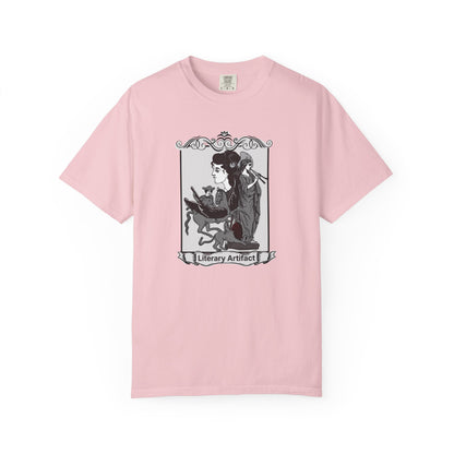 Dark academia t shirt styled with worn jeans and a cardigan for a cozy bookish outfit