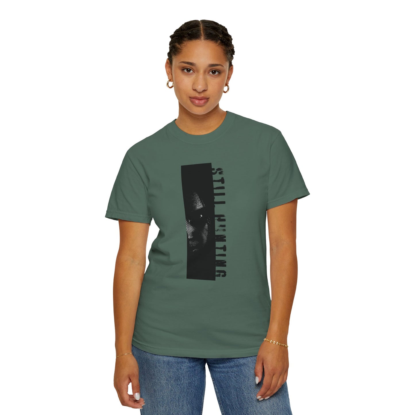 Dark aesthetic graphic tee bold statement typography chest detail close up
