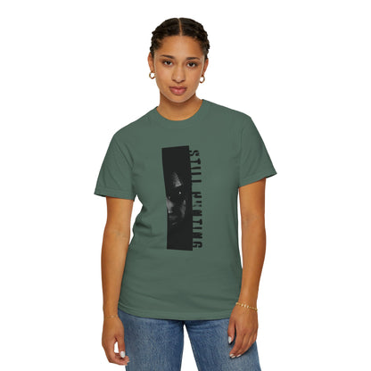 Dark aesthetic graphic tee bold statement typography chest detail close up

