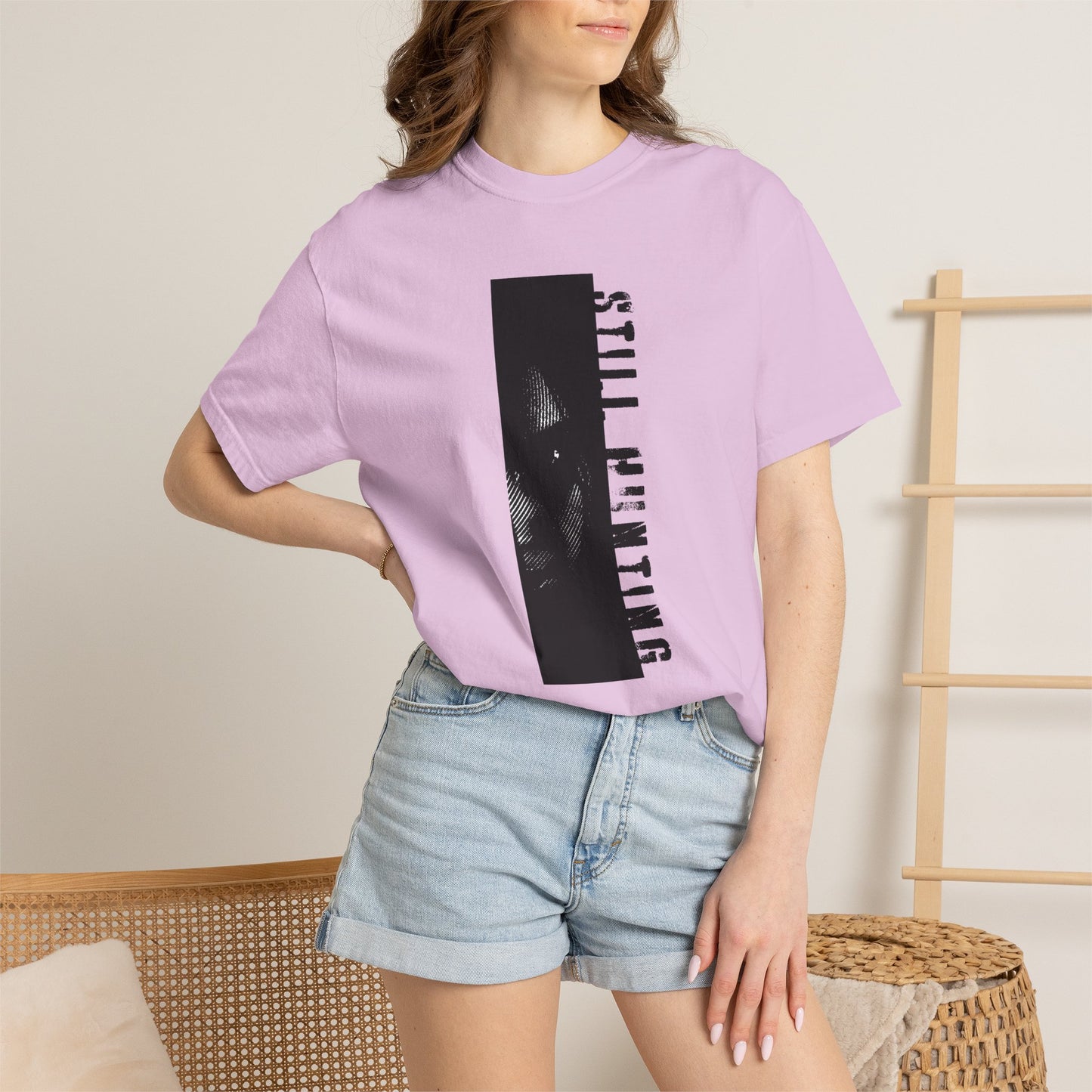 Dark aesthetic graphic tee model size large wearing outdoor moody atmospheric
