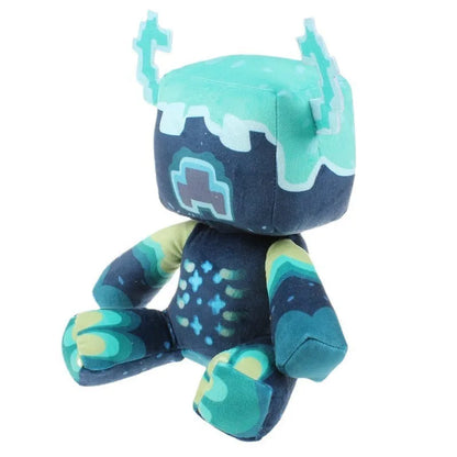 Dark biome warden plush sitting on gaming desk display
