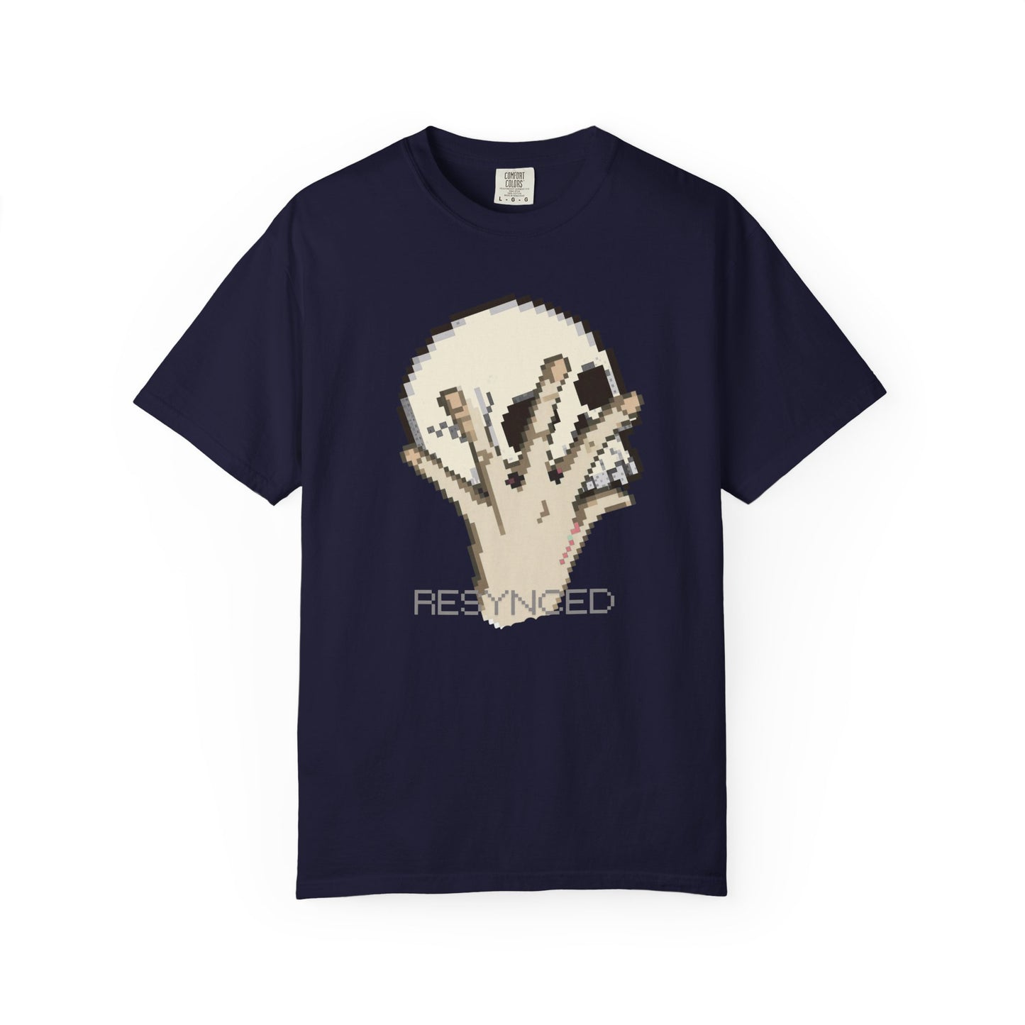 Dark cybernetic aesthetic graphic tee with 8-bit skull and sci-fi lettering
