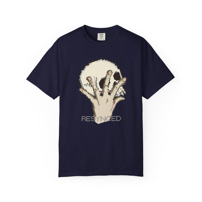 Dark cybernetic aesthetic graphic tee with 8-bit skull and sci-fi lettering
