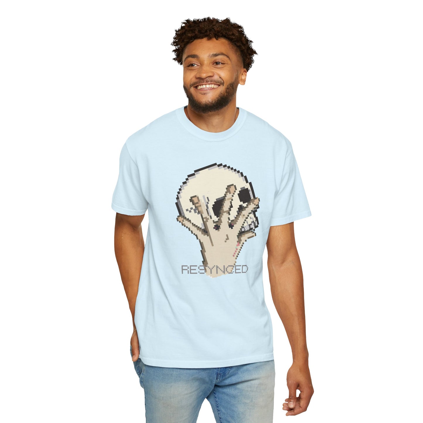 Dark cybernetic aesthetic tee with melting pixel skull and sci-fi lettering
