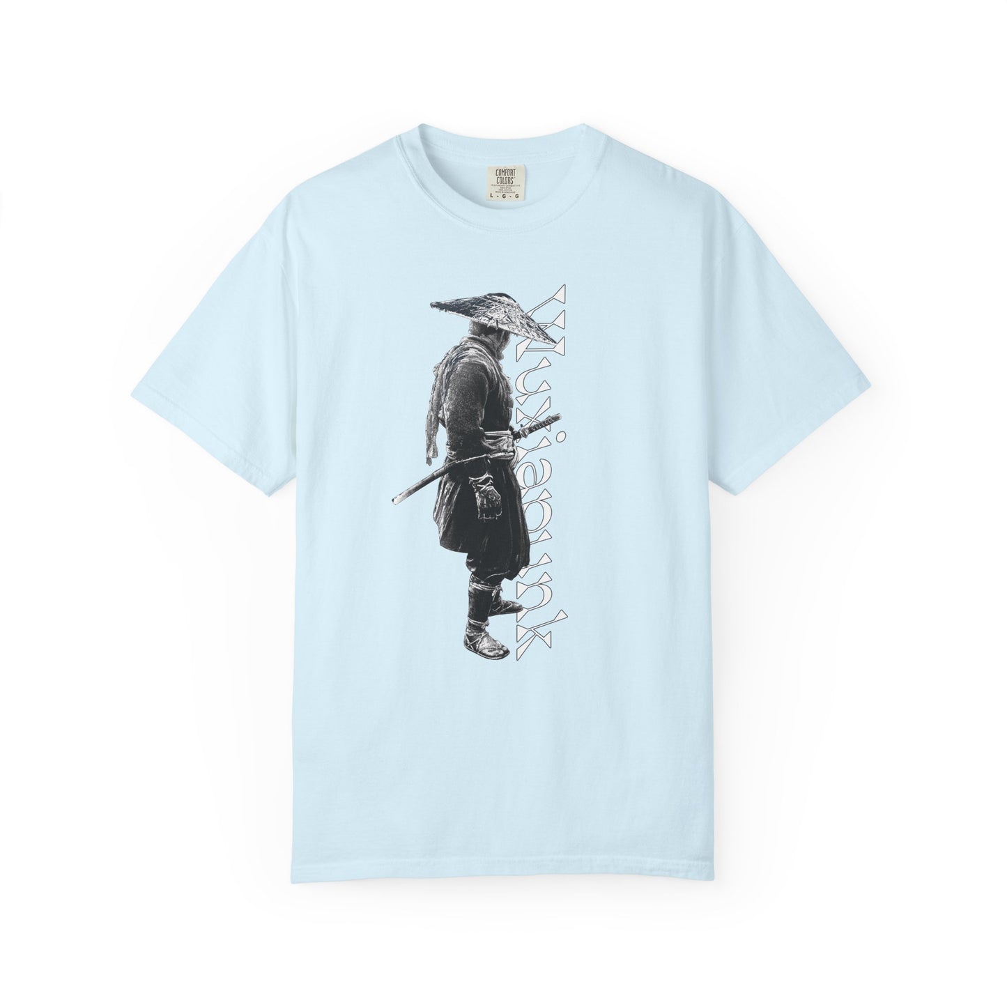 Dark fantasy apparel print of a masterless swordsman in shadow
