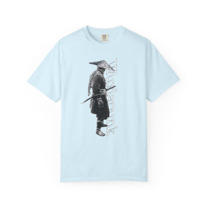 Dark fantasy apparel print of a masterless swordsman in shadow
