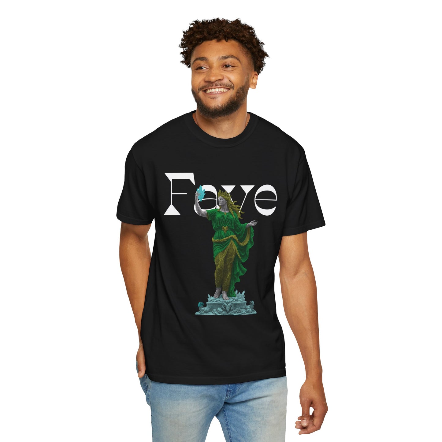 Dark fantasy graphic tee on a model in a relaxed casual fit
