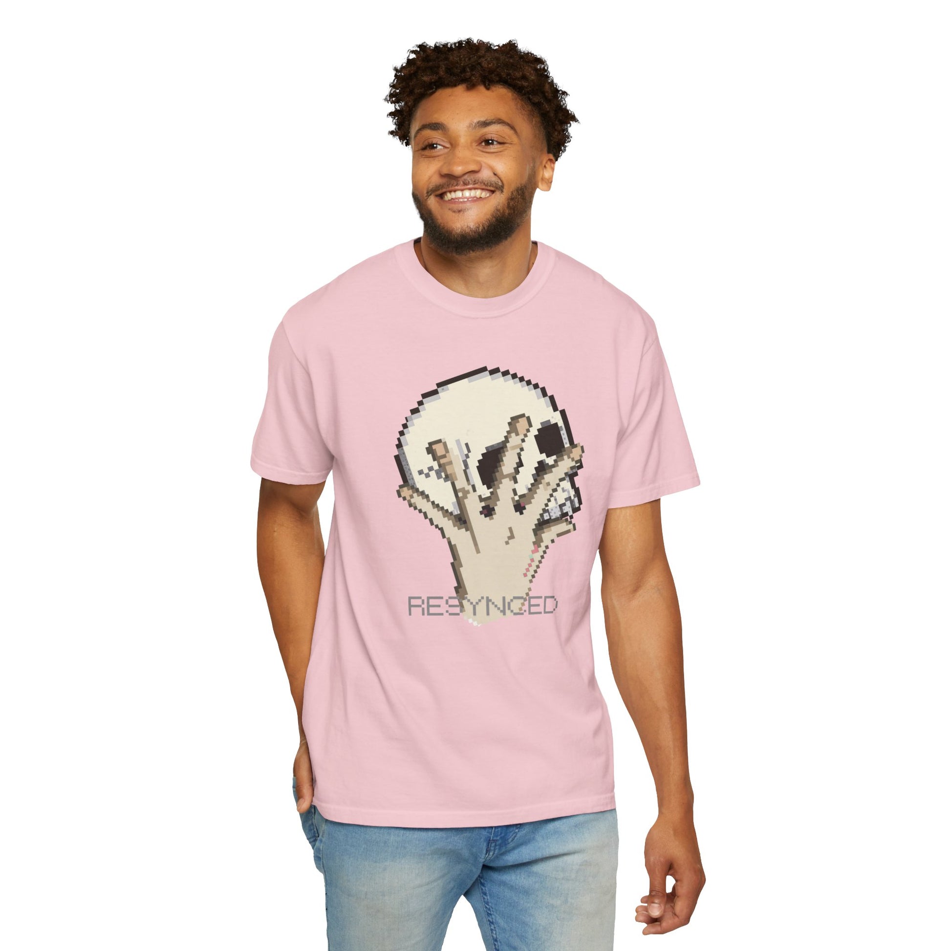 Dark gaming streetwear pixel skull shirt hanging product shot
