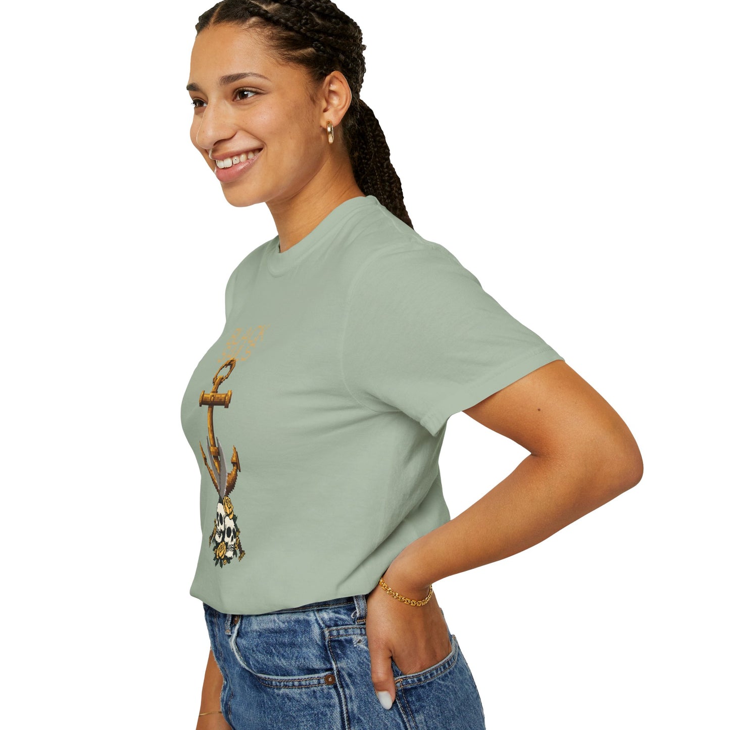 Dark nautical unisex tee showing hidden blade detail in anchor graphic center
