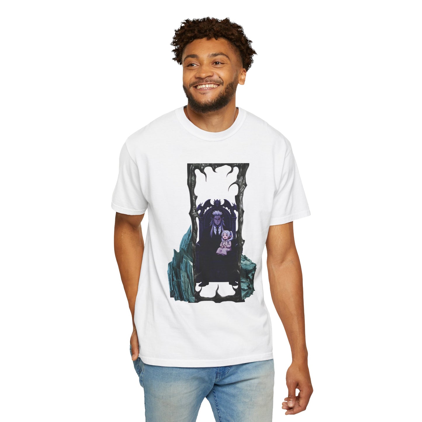 Dark portal tee modeled showing relaxed cut and lived in garment dyed color with center front vampire print
