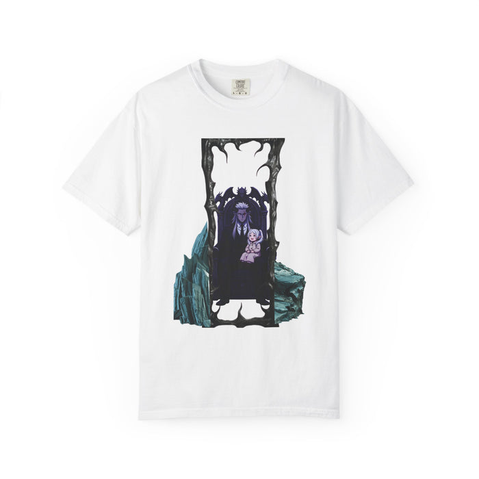 Dark portal vampire graphic tee featuring shadowy figure framed by jagged rock and bone shapes on garment dyed cotton
