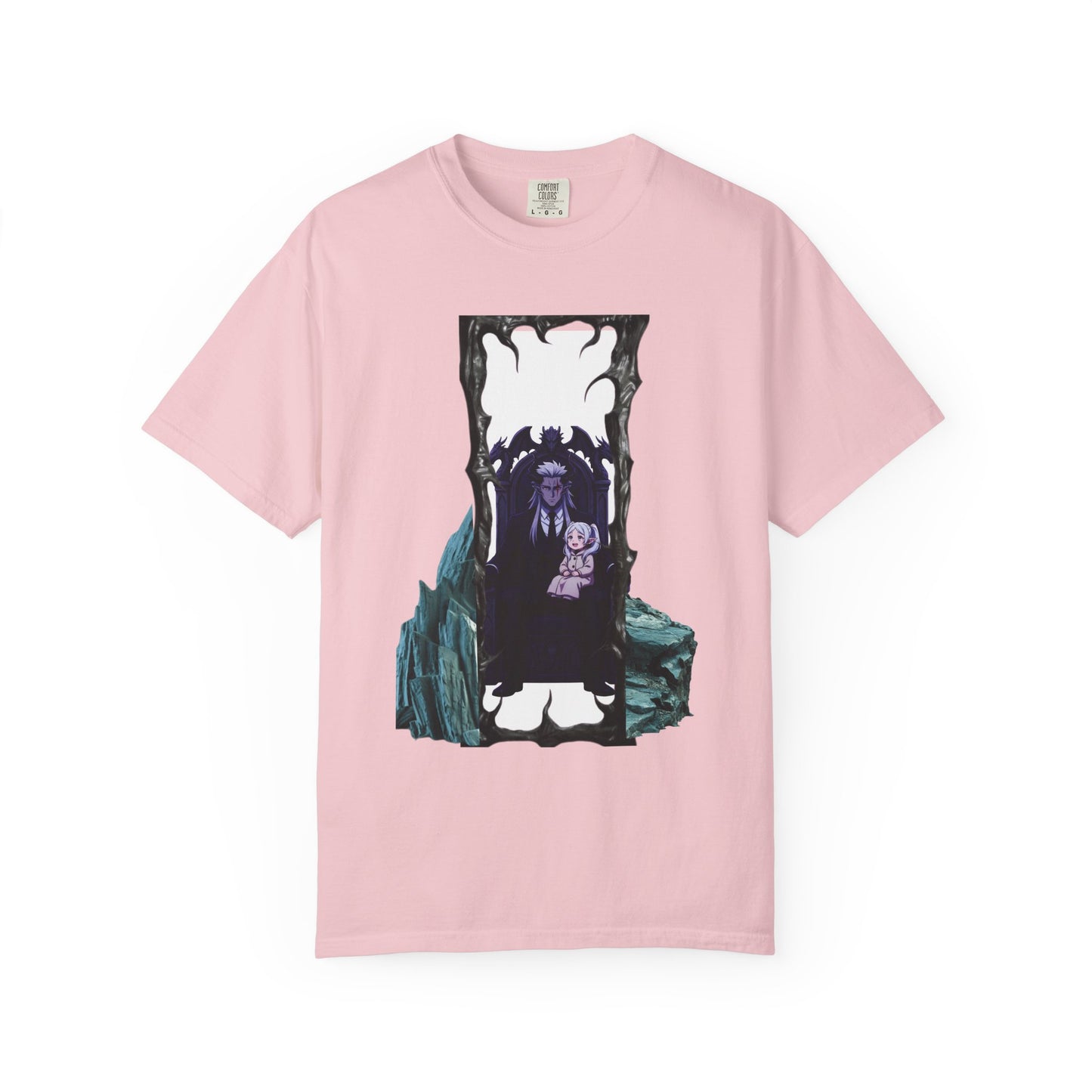 Dark portal vampire graphic tee laid flat showing full design on garment dyed heavyweight cotton fabric
