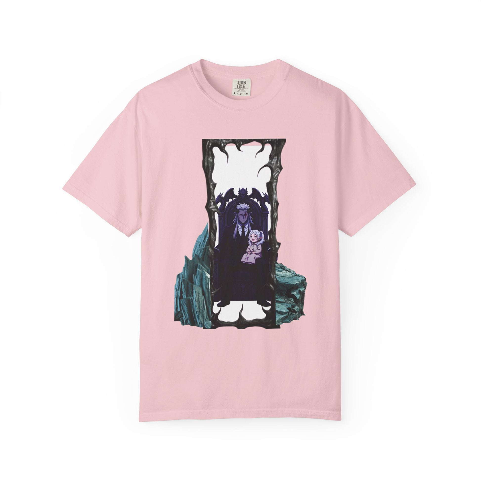 Dark portal vampire graphic tee laid flat showing full design on garment dyed heavyweight cotton fabric
