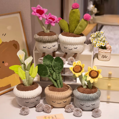 Dark red rose kawaii stuffed potted plant smiling face dangle legs plushie 30cm