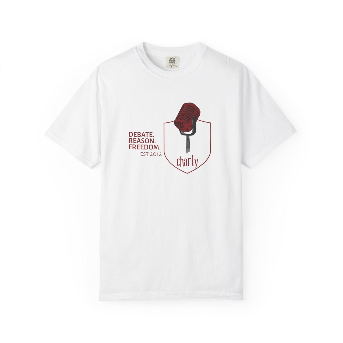 Debate shirt with vintage microphone shield graphic and Debate Reason Freedom text on black tee