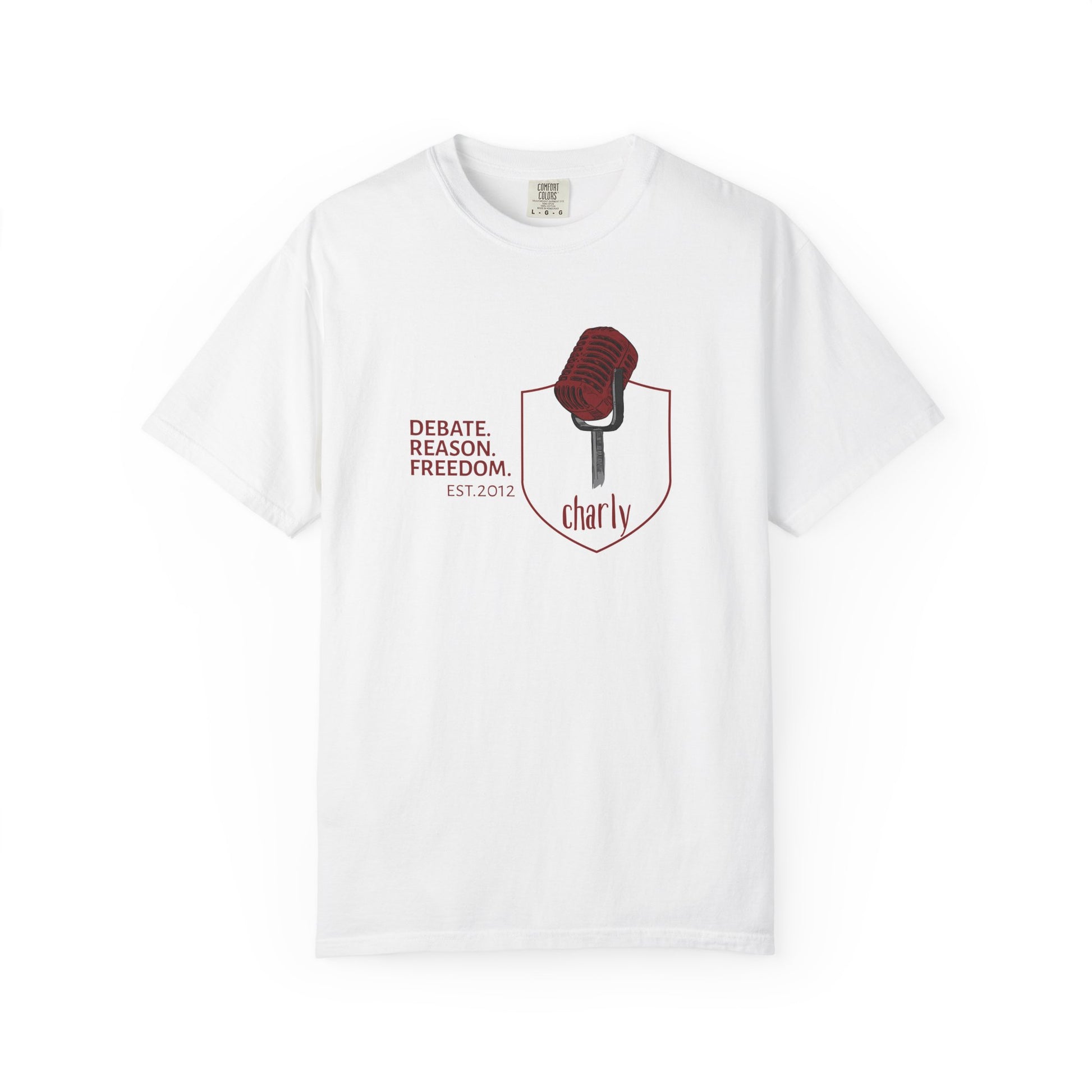 Debate shirt with vintage microphone shield graphic and Debate Reason Freedom text on black tee