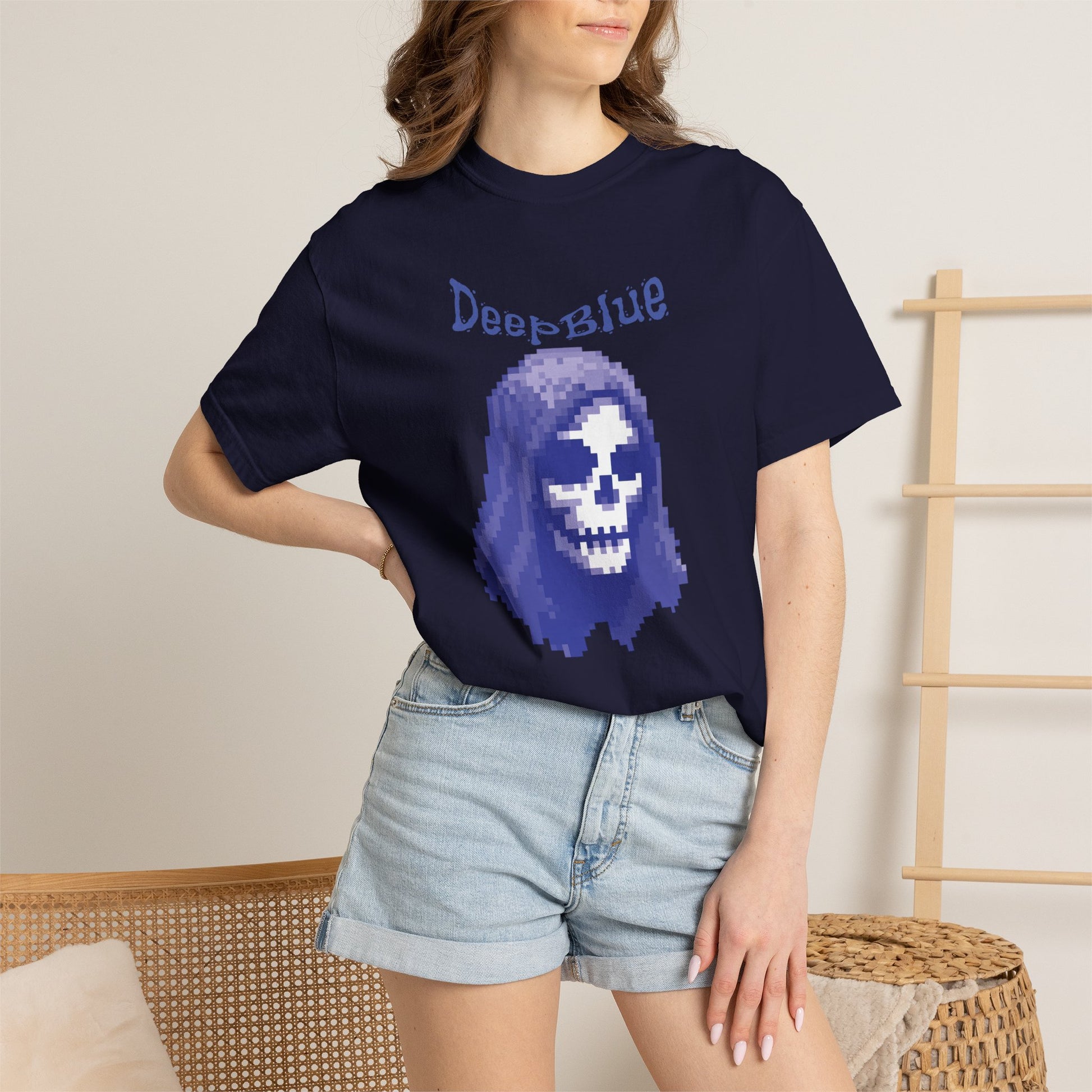 Deep Blue graphic tee size S flat lay measurement reference photo
