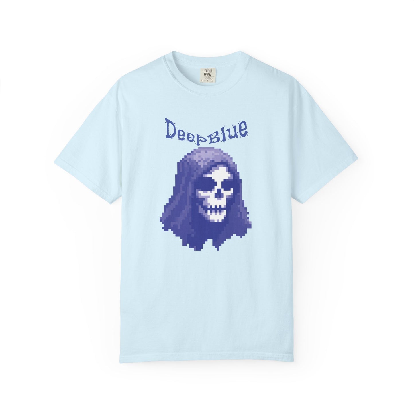 Deep Blue graphic tee size comparison flat lay S through 3XL
