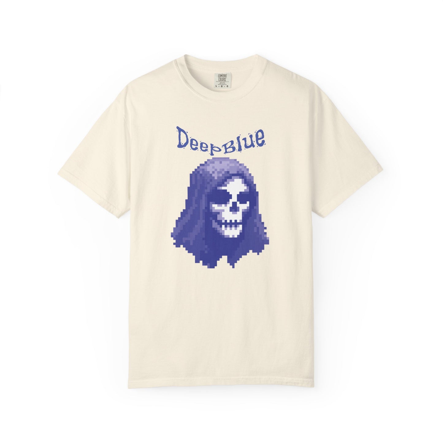 Deep Blue graphic tee with hooded pixel skull and crossbones chest print
