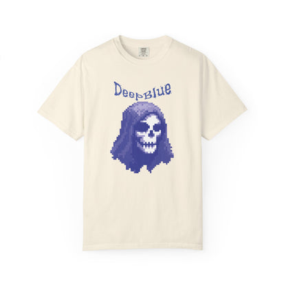 Deep Blue graphic tee with hooded pixel skull and crossbones chest print
