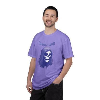 Deep Blue graphic tee worn at gaming convention cosplay event setting

